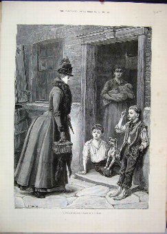 Print 1888 Woman Visiting Poor Family Dog House Ol
