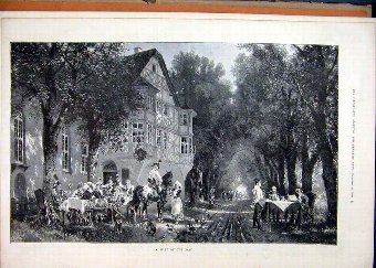 Print 1889 Country Scene Lunch Party Building Tabl