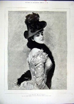 Print 1889 Portrait Lady Beautiful Hat Scarf Grosv