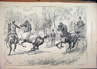 Print 1890 Street Scene Horse Loose Coach Policema