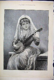 Print 1890 Young Girl Banjo Recital Music Victoria