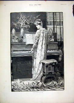 Print 1891 Beautiful Woman Playing Piano Music Flo