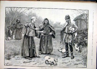 Print 1891 Country Scene Monks Man Pig Donkey Bask