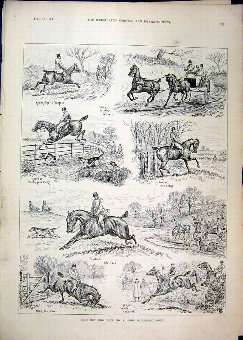 Print 1892 Hunting Horses Coach Jumping Fence Houn