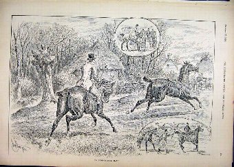 Print 1892 Man Horse Village Loose Trees Gate Sket