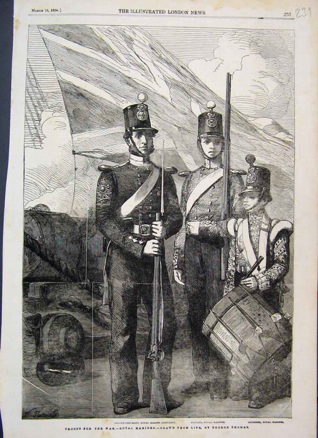 Print 1854 Royal Marines Troops Drummer Artillery 
