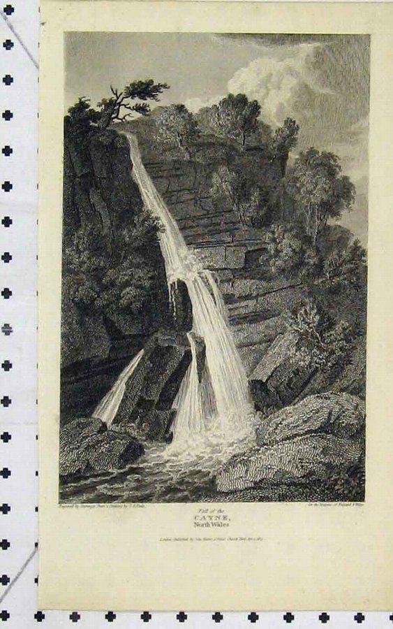 Print 1813 View Waterfall Cayne North Wales River 