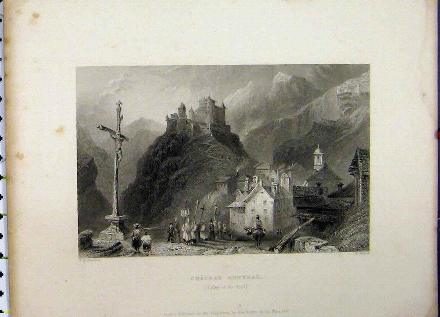 Print 1837 Mountain Scene View Chateau Queyraz Val