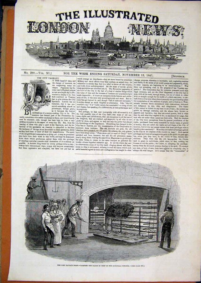 Print 1847 Lord Mayor Feast Roasting Baron Beef Ki