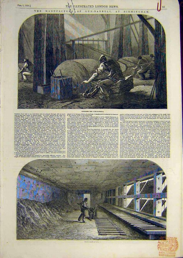 Print 1851 Gun-Barrels Birmingham Factory Military