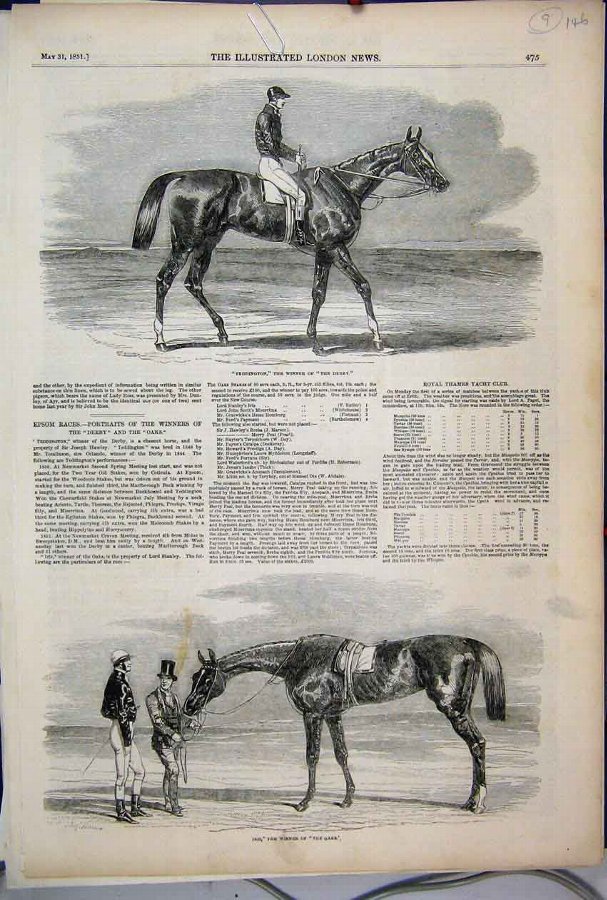 Print 1851 Teddington Derby Horse Iris Oaks Winner