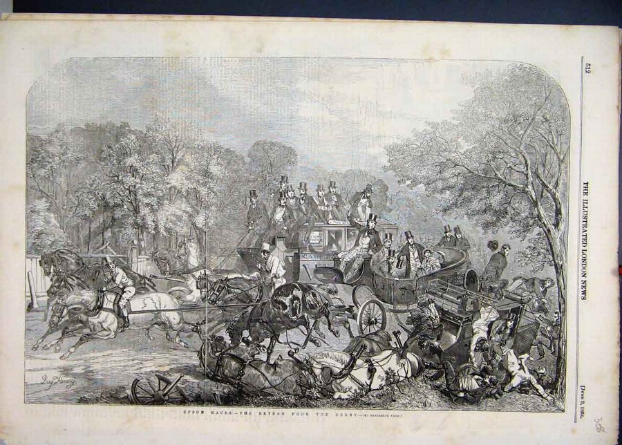 Print 1854 Epsom Races Derby Crash Carriages Horse