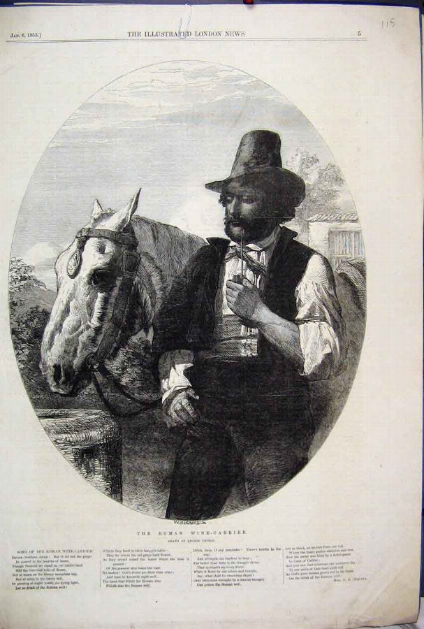 Print 1855 Roman Wine Carrier Pipe Horse Victorian