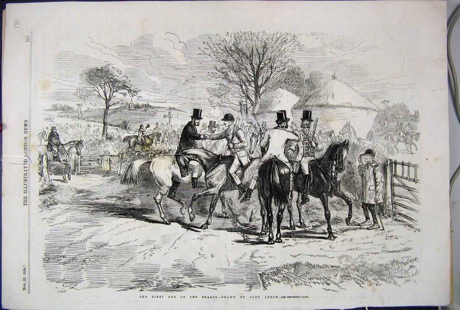 Print 1856 Hunting Season Horses Men Country Scene