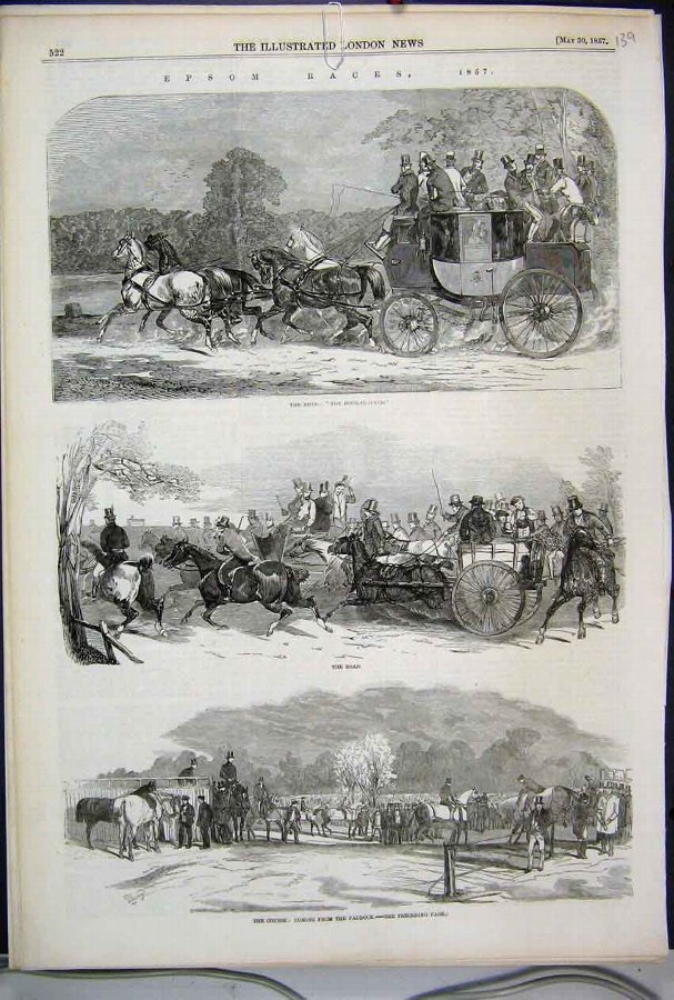 Print 1857 Epsom Races Course Paddock Horses Carri