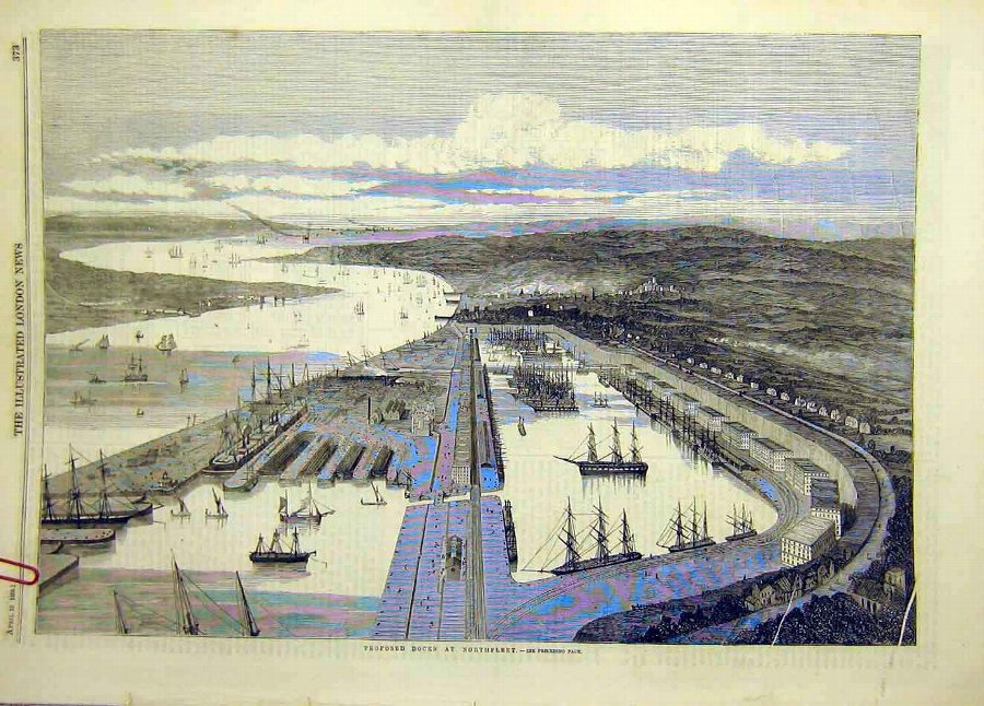 Print 1859 Proposed Docks Northfleet Ships Harbour