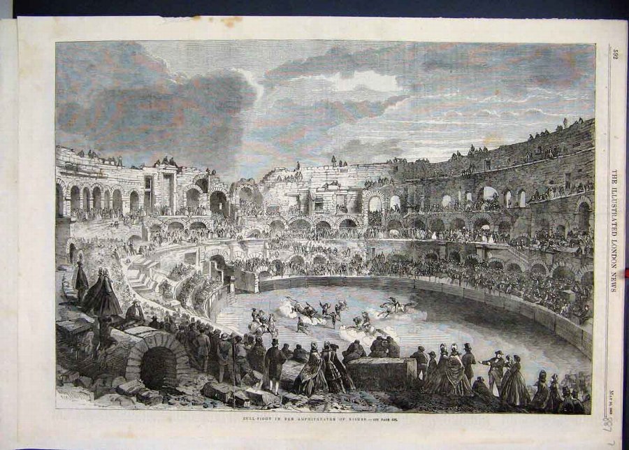 Print 1863 Bull Fight Amphitheatre Nismes Horse 87