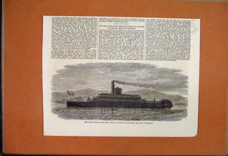Print 1864 Iron Gun Boat Rangariri Sydney New Zeal