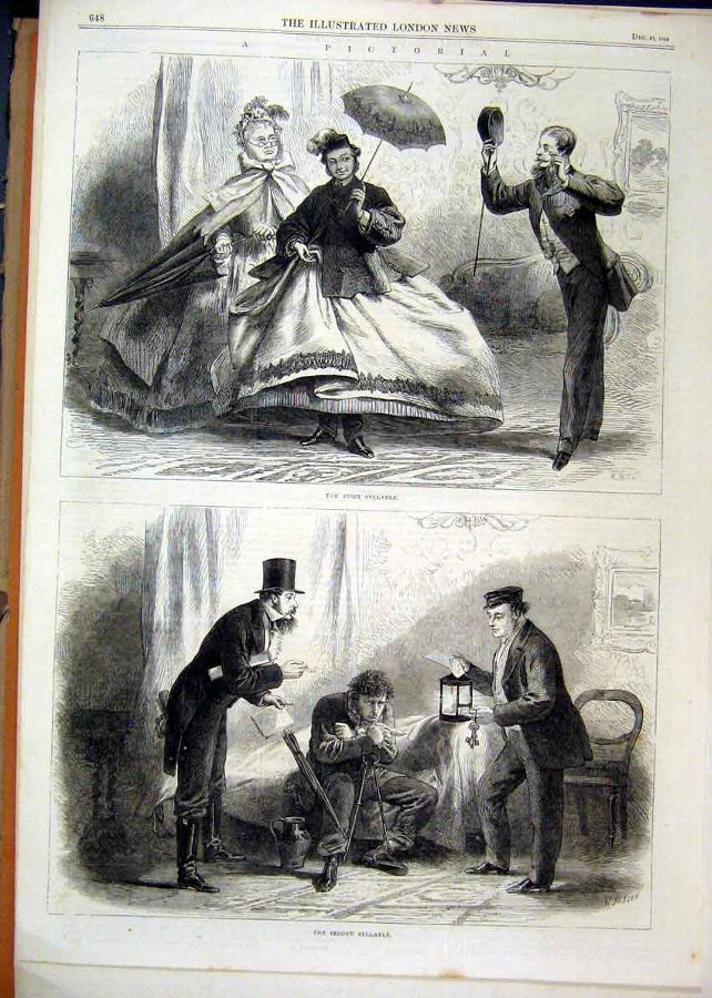 Print 1864 Pictorial Scenes Man Woman Umbrella Lam