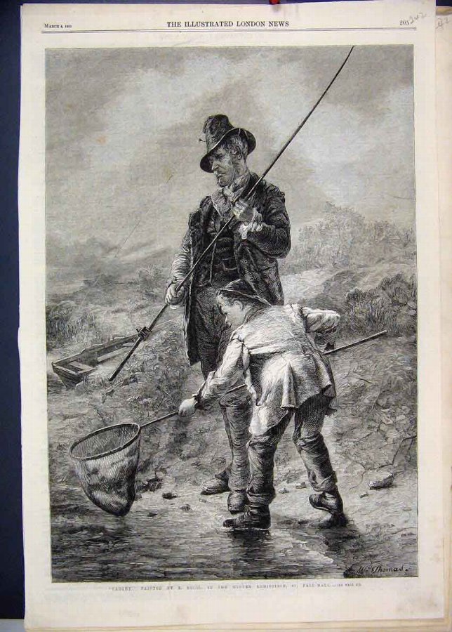 Print 1865 Catching Fish Nets River Man Boy Winter