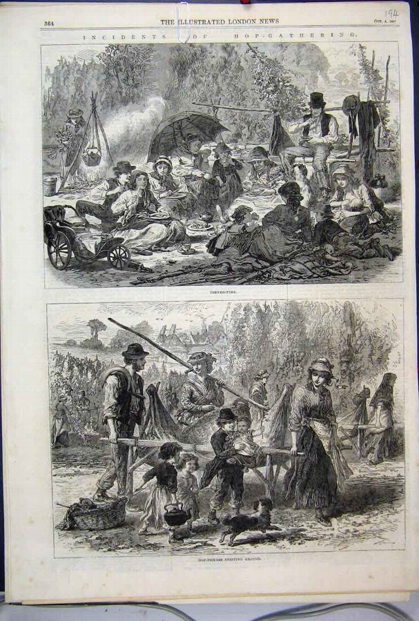 Print 1867 Hop Gathering Eating Children Women Tre