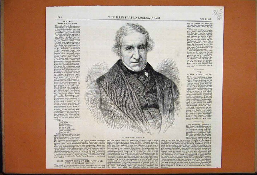 Print 1869 Portrait Lord Broughton Whig Government