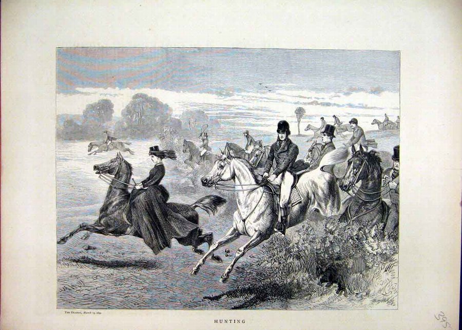 Print 1870 Huntng Horses Jumping Women Men Riders 