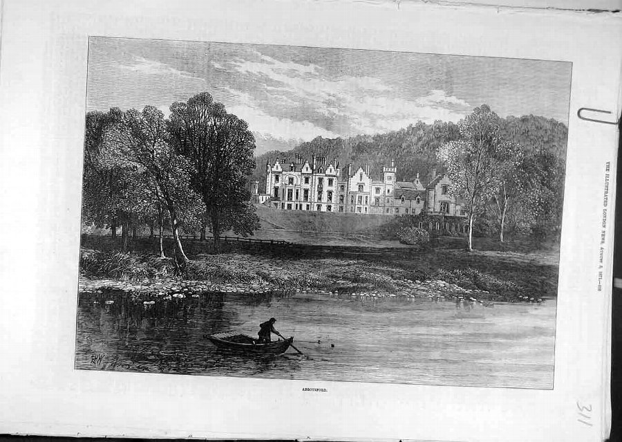 Print 1871 Abbotsford View Building River Boat Old