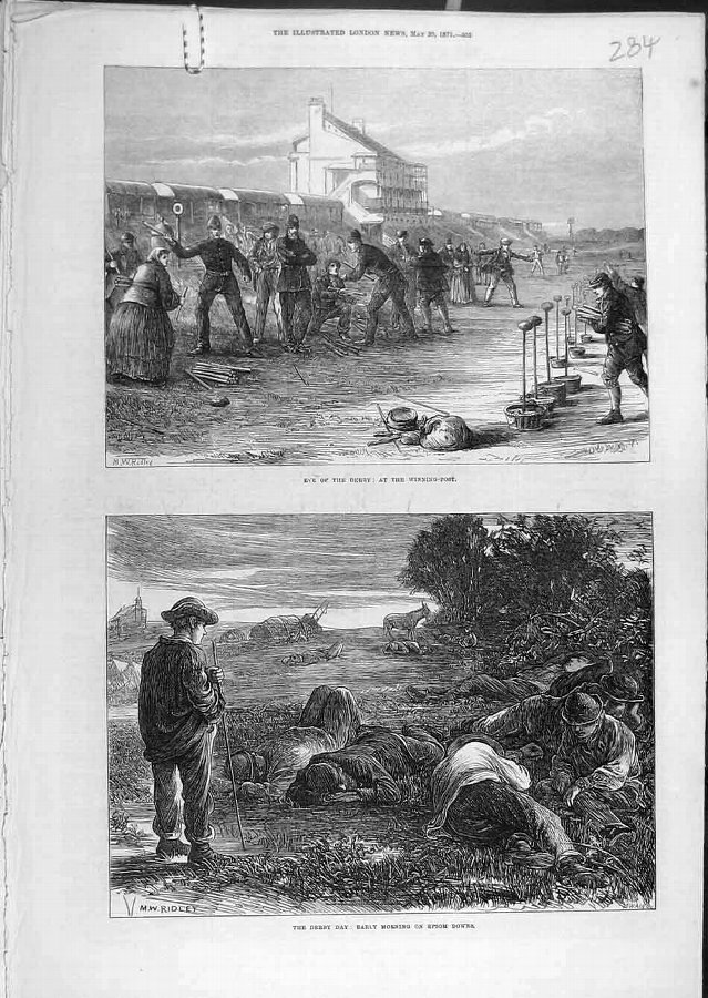 Print 1871 Derby Winning-Post Epsom Downs Racing H