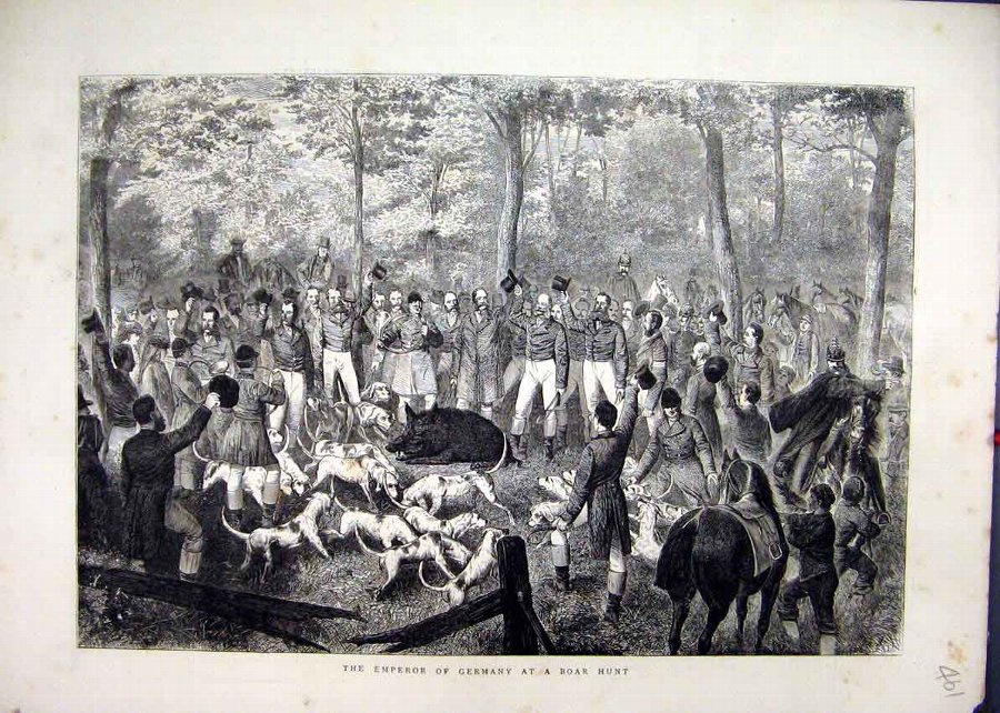 Print 1871 Emperor Germany Boar Hunt Horse Hounds 