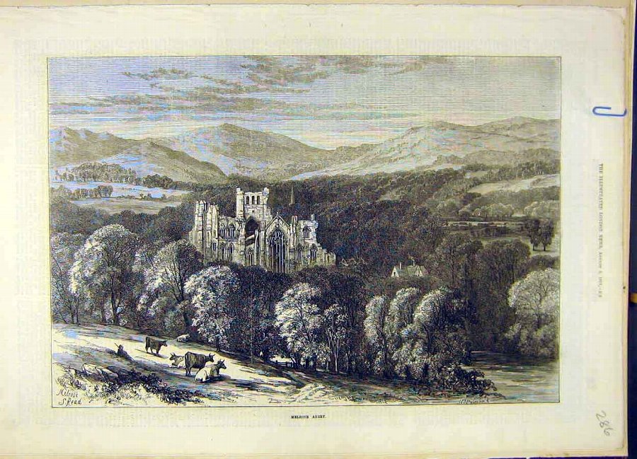 Print 1871 Melrose Abbey Building Victorian Social