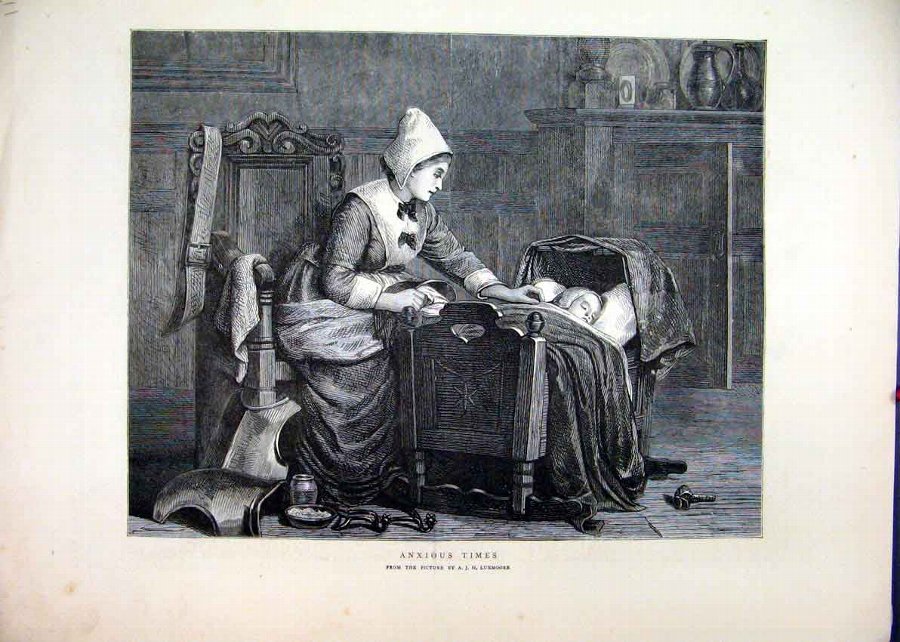 Print 1871 Nurse Little Baby Cot Sleeping Fine Art
