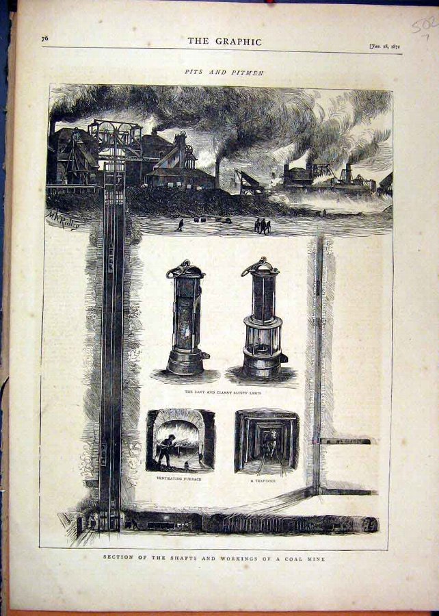 Print 1871 Sections Shafts Workings Coal Mine Pits