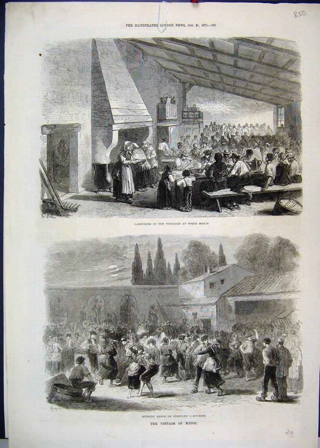 Print 1871 Medoc Labourers Vineyard Meals Dance Ol