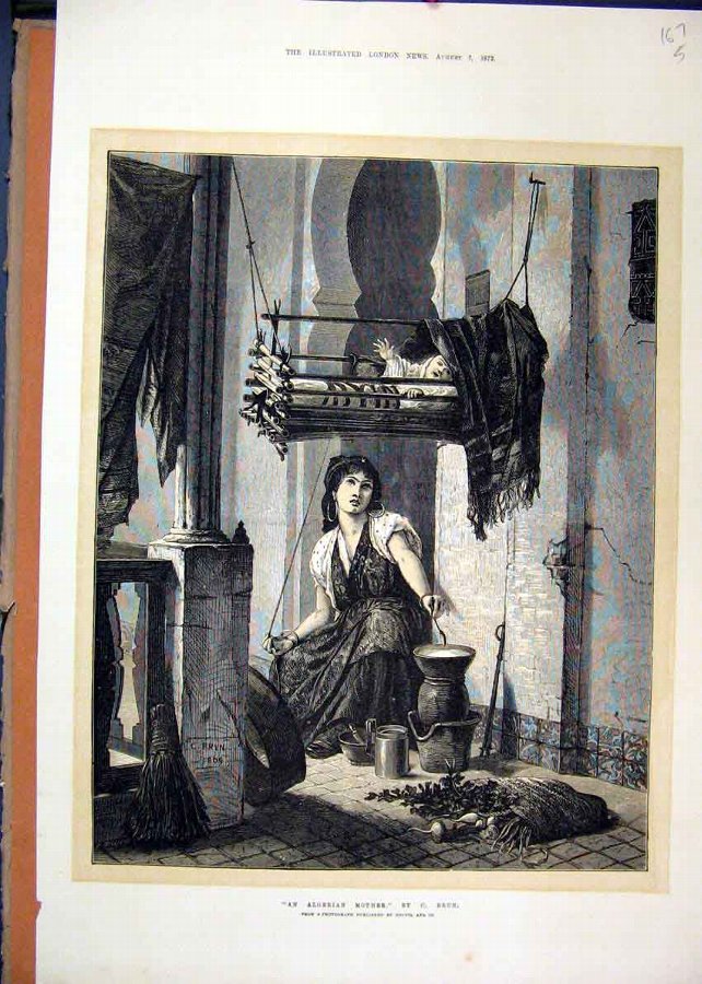 Print 1872 Algerian Mother Baby Crib Swinging Old 