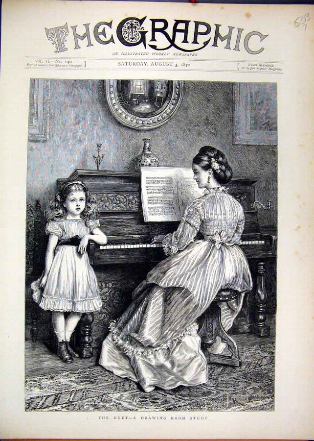Print 1872 Drawing Room Woman Piano Little Girl Si