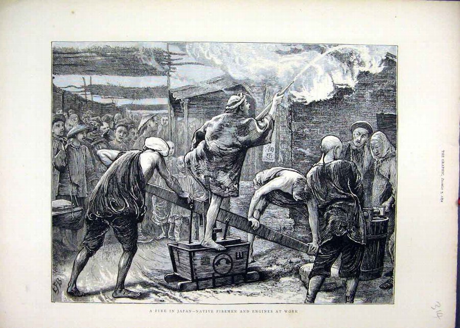 Print 1872 Fire Japan Native Firemen Engines Work 