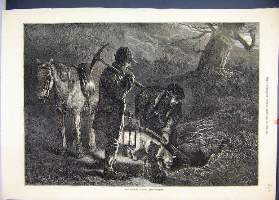 Print 1872 Hunting Season Horse Dog Lantern Diggin