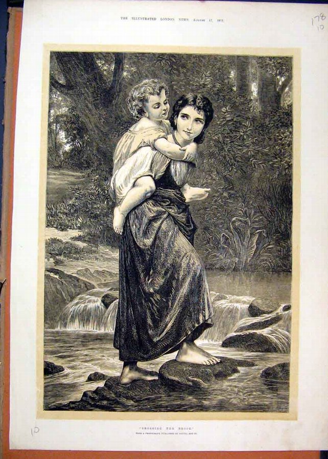 Print 1872 Woman Liitle Girl Crossing River Barefo