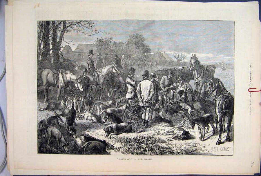 Print 1873 Fox Hunting Resting Horses Dog Men Vict