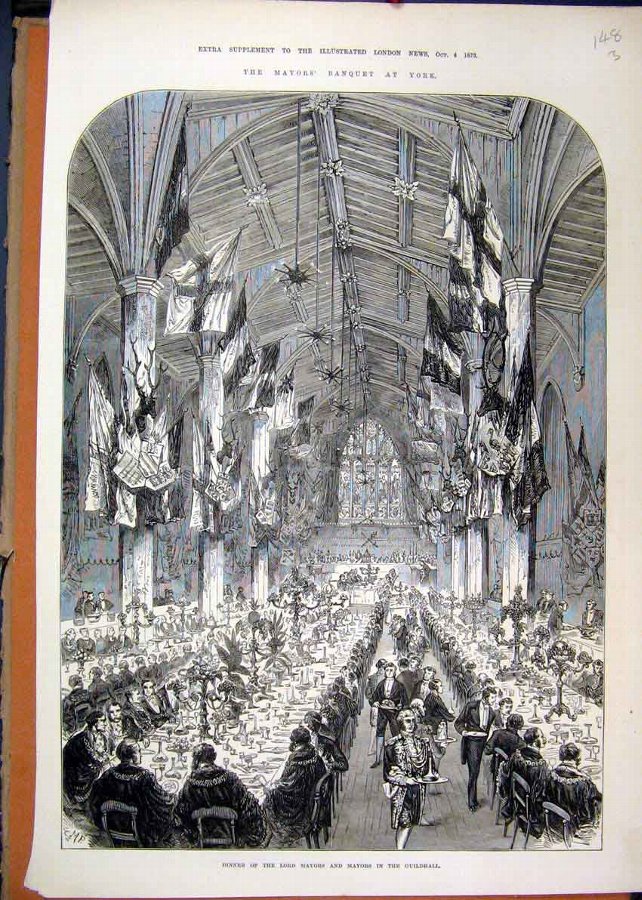 Print 1873 Mayor Banquet York Dinner Guildhall Old