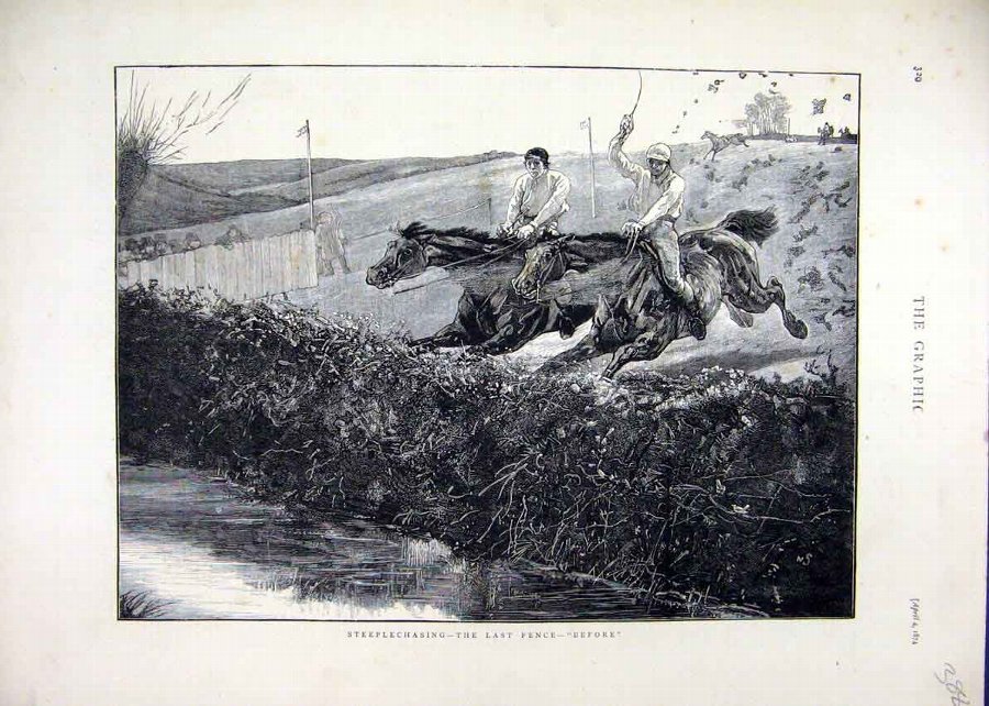 Print 1874 Steeplechasing Horse Jumping Fence Ditc
