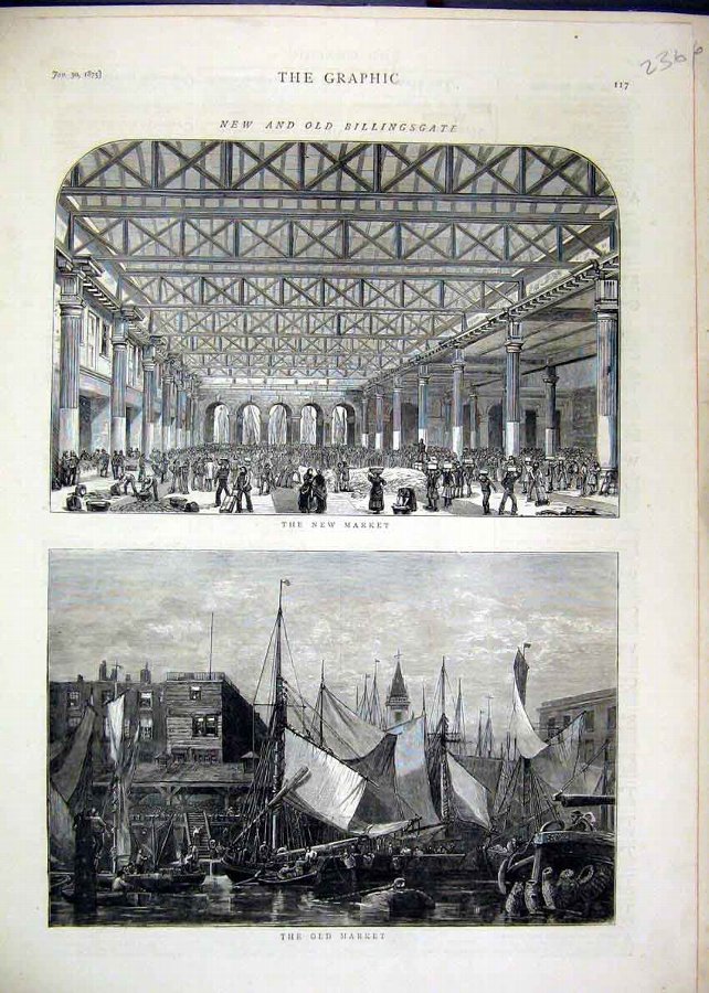 Print 1875 Billingsgate Market New Old Boats Insid