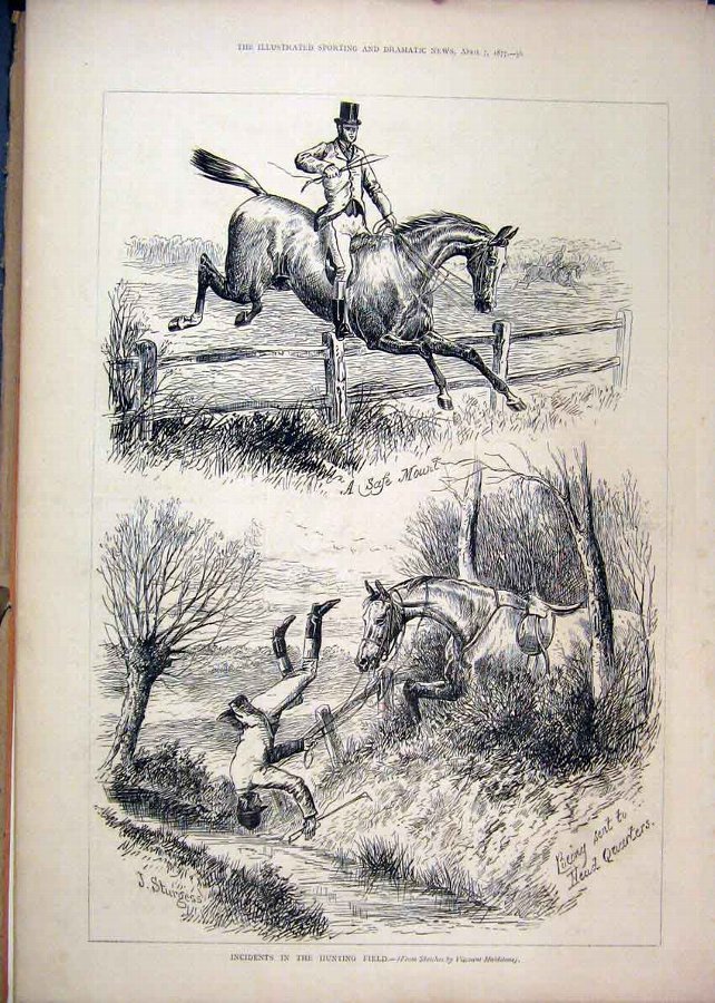 Print 1877 Hunting Field Horse Jumping Falling Dit
