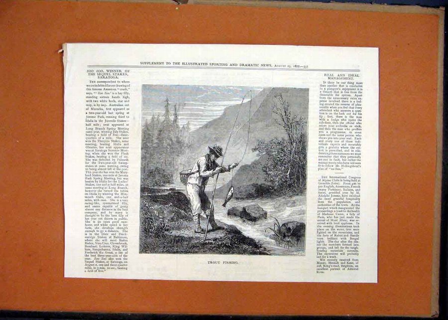 Print 1877 Man Trout Fishing River Mountain Scene 