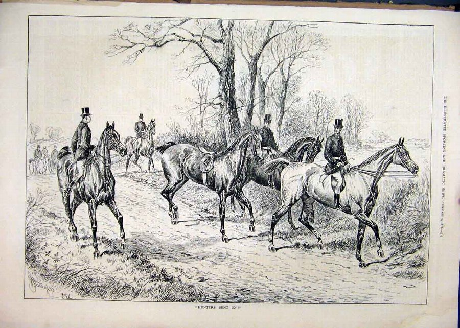 Print 1878 Horses Hunting Country Lane Trees 34MAR