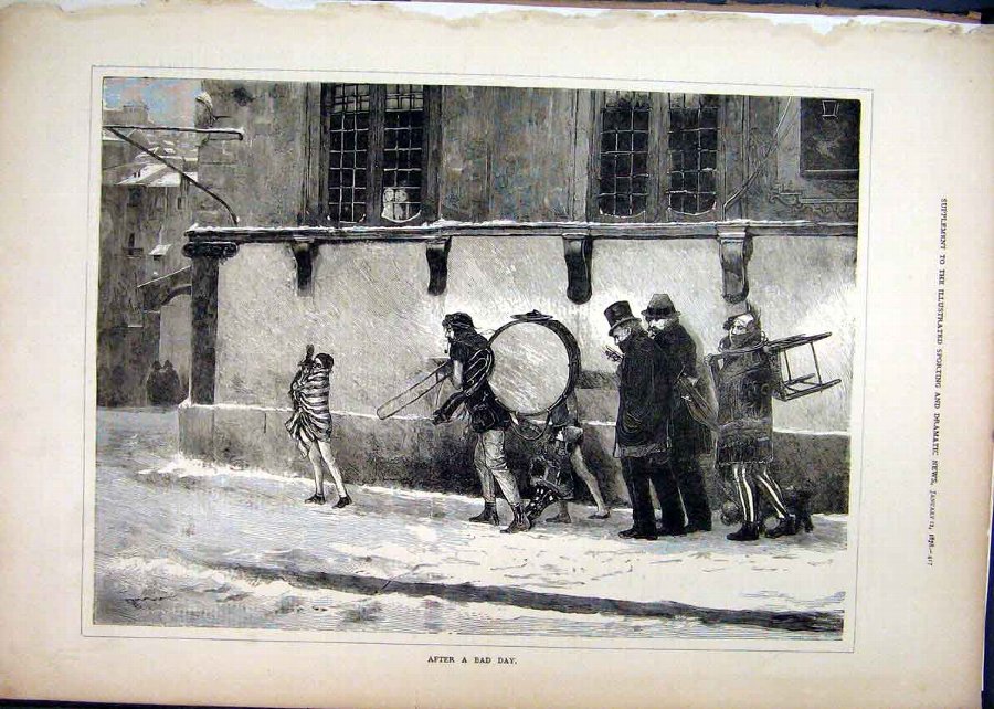 Print 1878 Men Street Scene Musical Instruments Sn