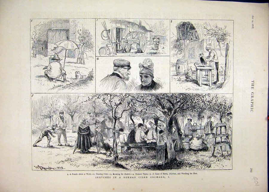 Print 1878 Norman Cider Orchard French Artist Bowl