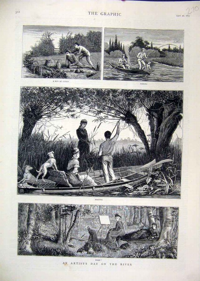 Print 1879 Artist River Lunch Fishing Boating 70MA
