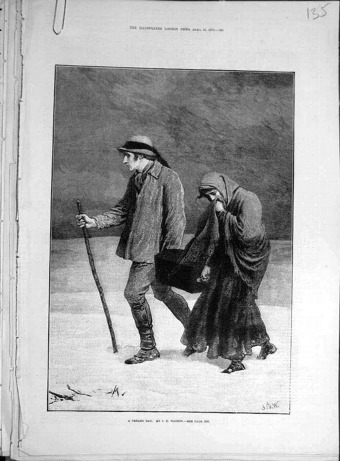 Print 1879 Dreary Day Watson Lady Man Winter Old 3